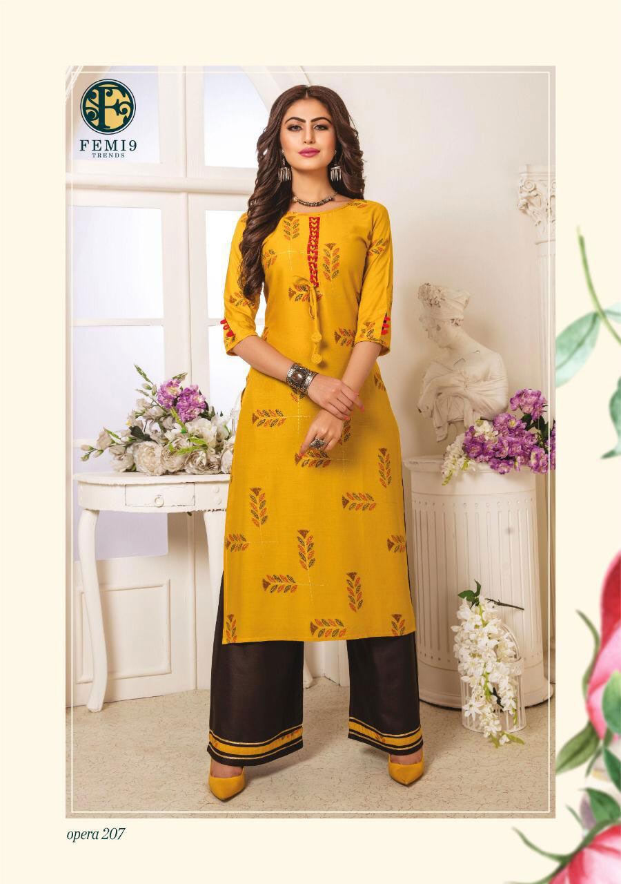 Opera Vol 2 By Femi9 Rayon Print Beautiful Kurtis With Palazzo Set Opera Vol 2 By Femi9 Rayon Print Beautiful Kurtis With Palazzo Set